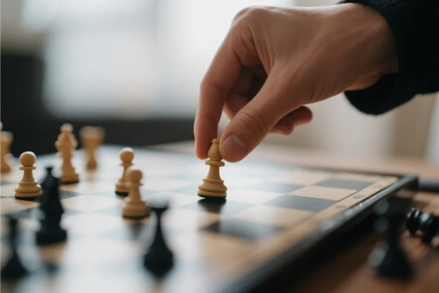 一只手在策略棋盘上移动棋子，背景模糊突出思考与决策的氛围